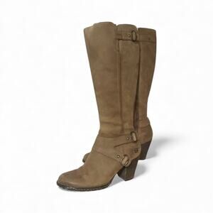 Born ~ Brown Nu Buck Knee High Stacked Heel Boots Size 7 Size Full Zip Buckle